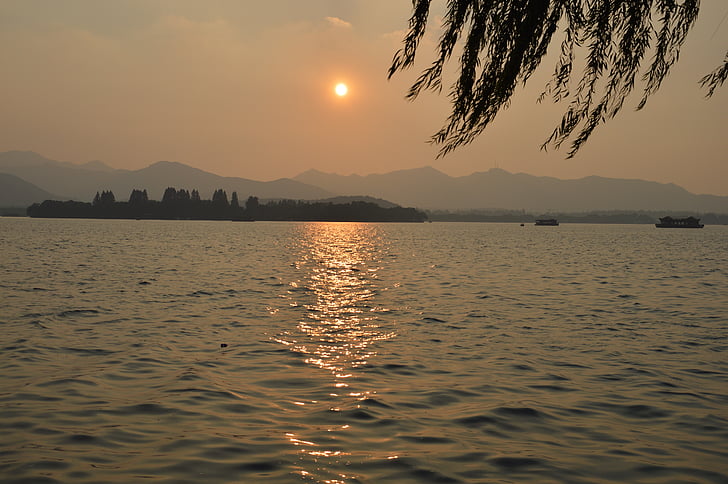杭州, 西湖, 风景, 中国, Lake, natuur, zonsondergang