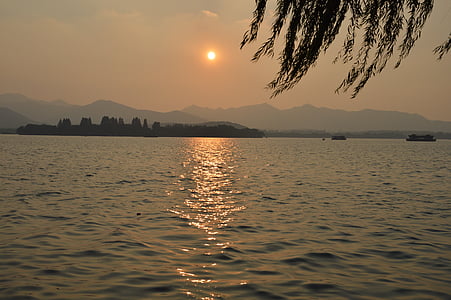 杭州, 西湖, 风景, 中国, озеро, Природа, Захід сонця