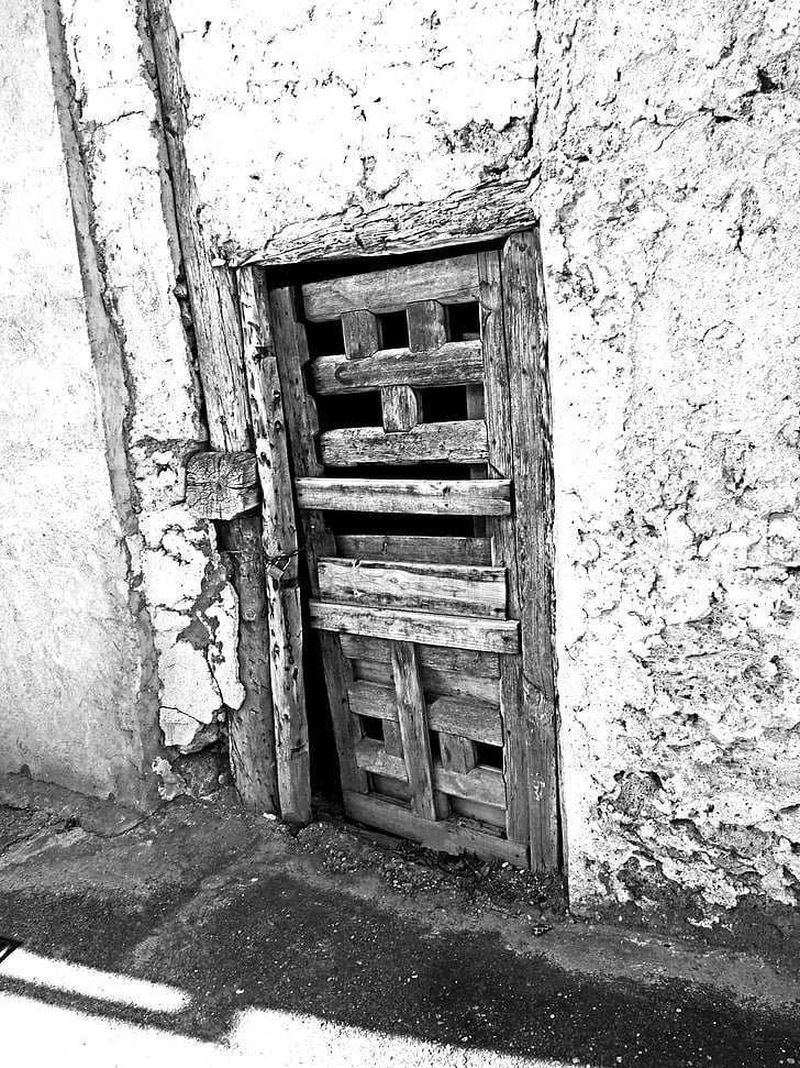 cánh cửa cũ, gỗ, nhà cổ, màu đen và trắng, cũ, bị bỏ rơi, bẩn