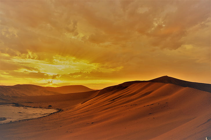 Napkelte, sivatag, homok, homok dűne, dűnék, felhők, morgenstimmung