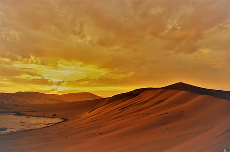 salida del sol, desierto, arena, duna de arena, dunas, nubes, morgenstimmung