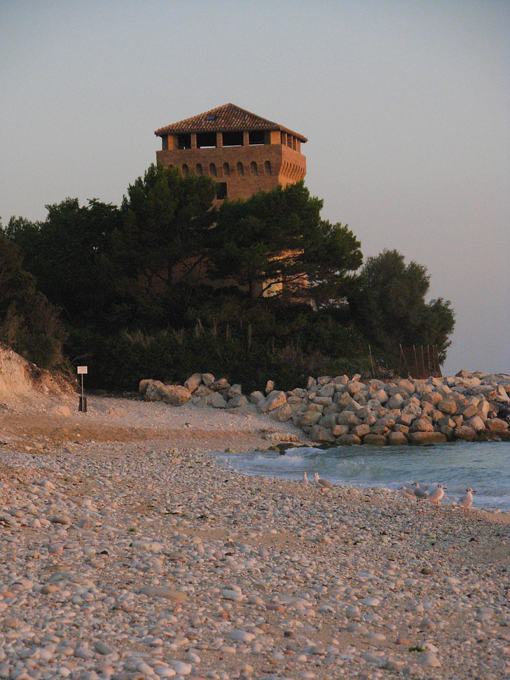 Torre, morze, Portonovo, Ancon, Słońce, kamienie, Sassi