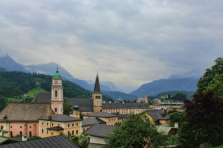 Berchtesgaden, nuvens, céu, casas, montanhas, nebulosidade, nublado