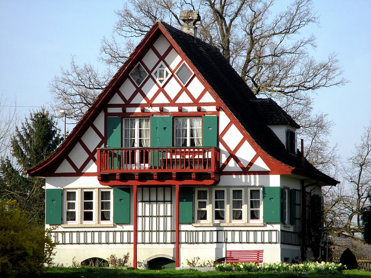 bandagist, fachwerkhaus, hjem, idylliske, træ balkon, weiherhuesli, forårsblomster