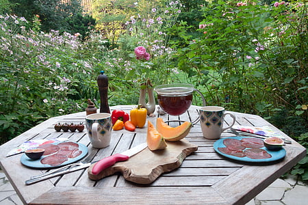 테이블, 아침 식사, 정원, 안에, 여름, 커버, 티