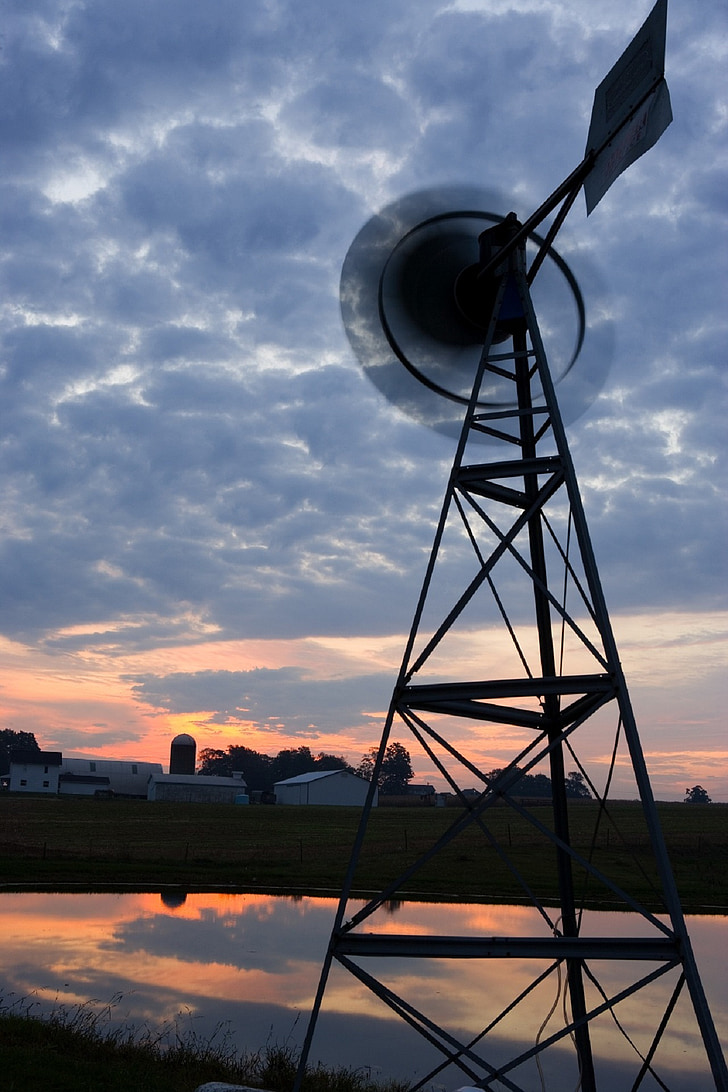 Windmill, solnedgång, moln, gård, jordbruk, skymning, energi