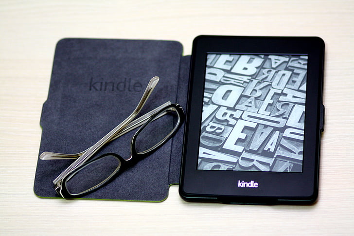 Kindle, paber valge, raamat, seadme, prillid, e-raamat, elektroonilise