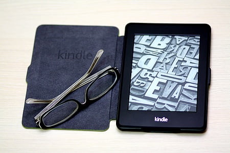Kindle, papir hvidt, bog, enhed, briller, e-bog, elektronisk