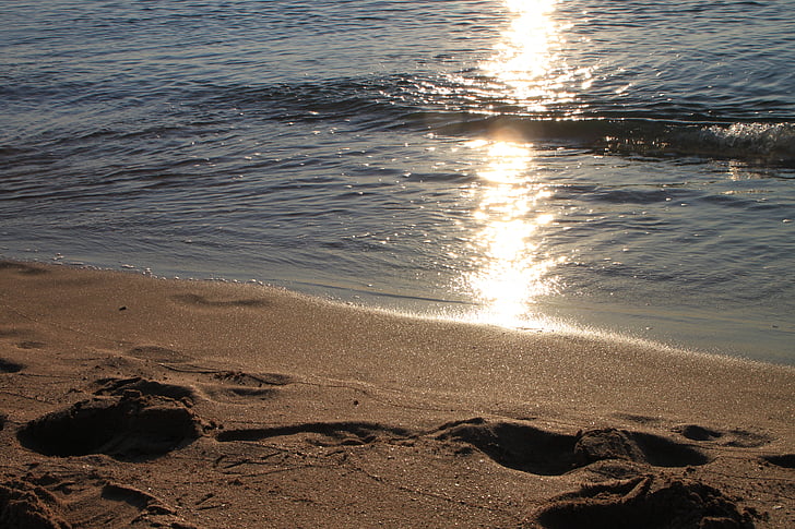 Pantai, pasir, gelombang, matahari terbit, refleksi, gelombang, melambaikan