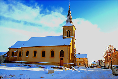 france, winter, snow, ice, trees, street, church