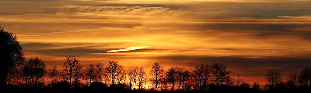 západ slnka, slnko, večernej oblohe, oblaky, reflexie, zapadajúce slnko, Panorama