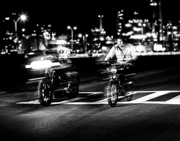 motor, motorcycle, black, white, pedestrian, race, lights
