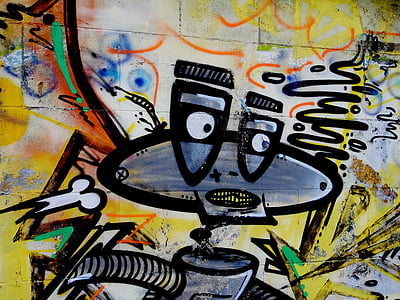 Kleur, muur, graffiti, kleurrijke, robot, verf, straatkunst