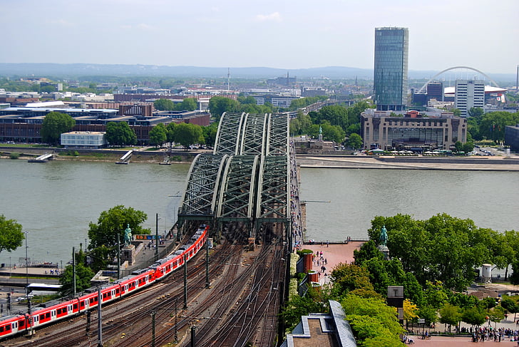 view from dom, cologne, rheinbrücke, triangle tower, rhine, roofs, places of interest