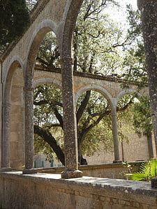 archway, arcade, mallorca, spain, monastery, monastery garden, building