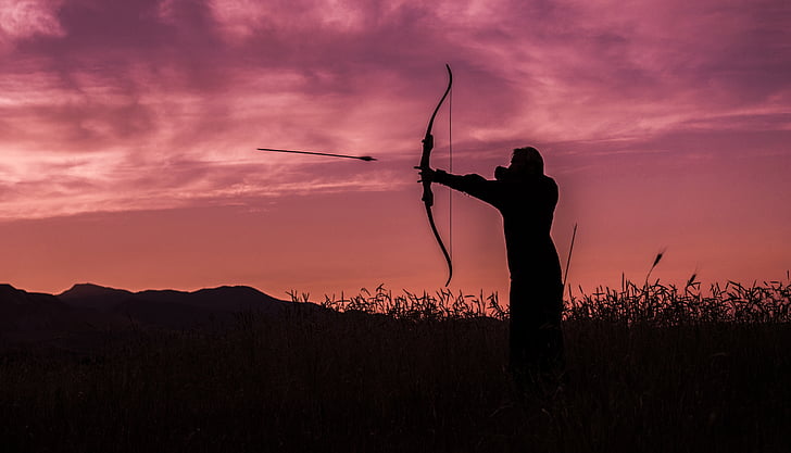 archer, archery, sunset, arrow, bow, target, aiming