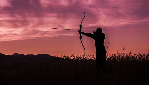 Arquero, tiro con arco, puesta de sol, flecha, arco, blanco, con el objetivo de