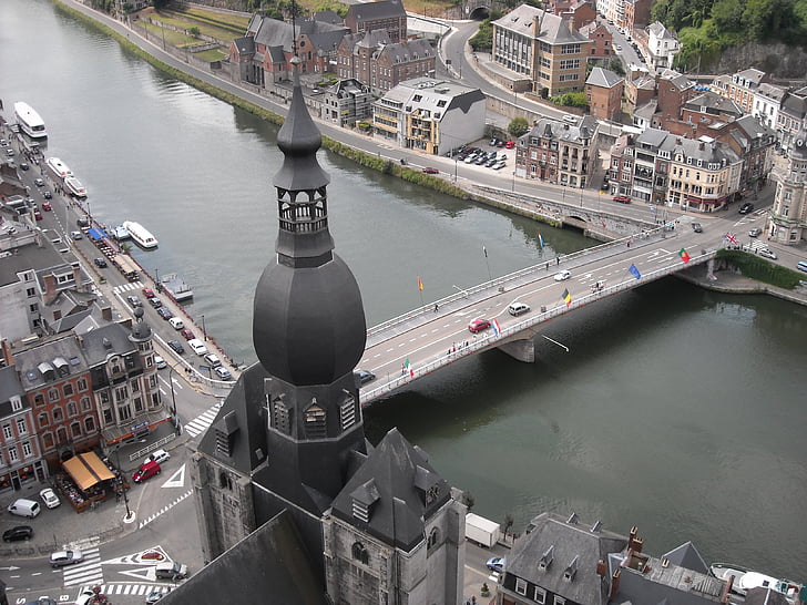 πόλη, Dinant:, μακρινή θέα, πλωτές μεταφορές, αεροφωτογραφιών, Πανόραμα, Βέλγιο