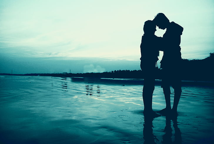 siluets, Romantiškas, paplūdimys, pora, mėlyna, Horizontas, šešėlis