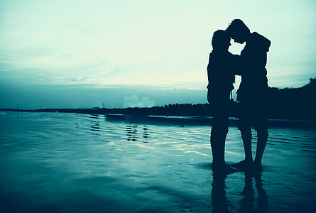 siluets, romantic, beach, couple, blue, horizon, shadow