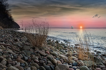 Plaża, morze, zachód słońca, Abendstimmung, Morza Bałtyckiego, statek, wyspie Rugia