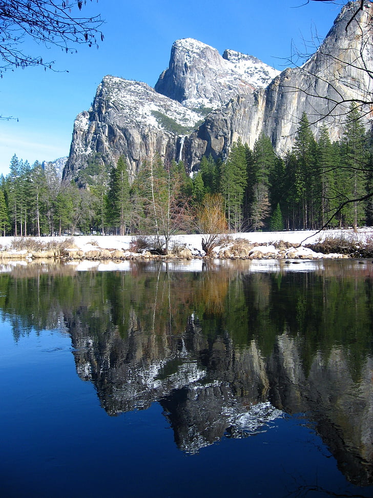 yosemite, mountain, snow, river, forest, park, natural