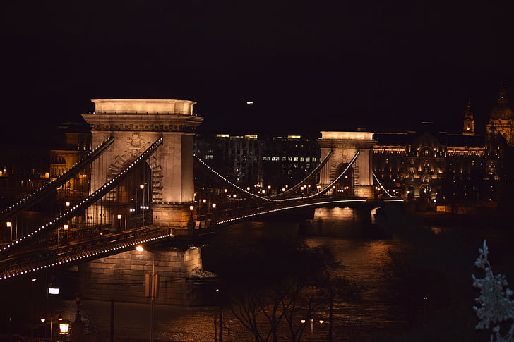 Budapest, Bridge, Om natten, floden, berømte sted, Chain bridge, nat