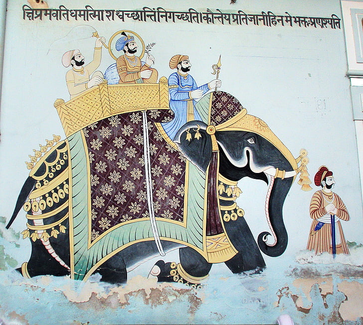 India, Rajastan, shekawati, mandawa, fresco, muur, schilderijen