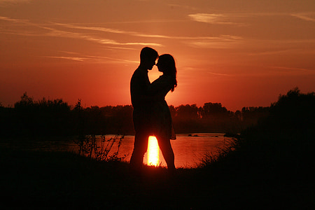 couple, love, sunset, water, sun, shadow, romance