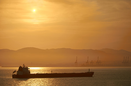 Sonnenuntergang, Tanker, Öl-tanker, Meer, werden, Industrie, Industriehafen