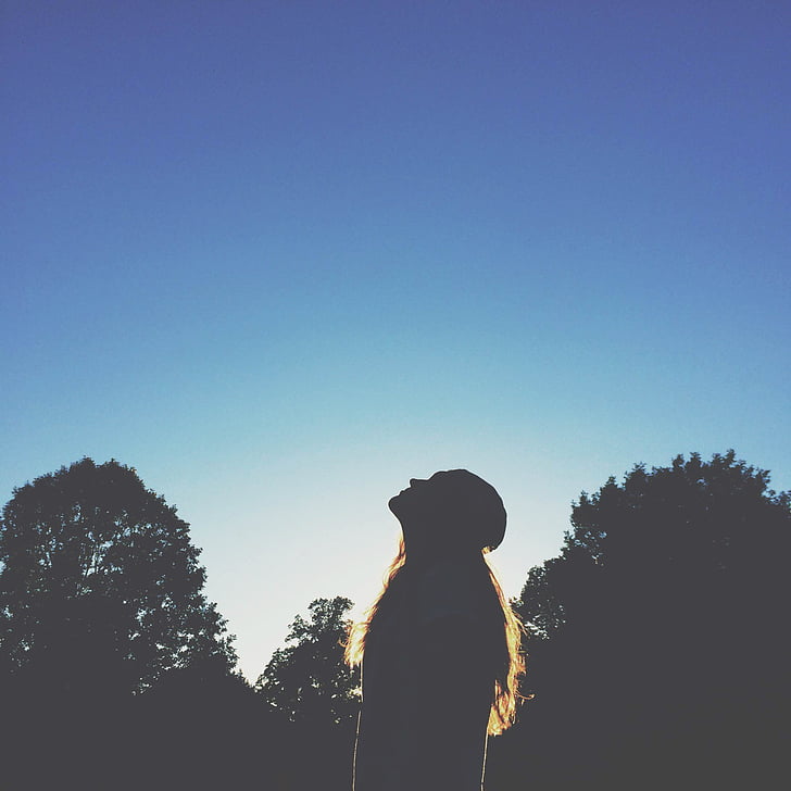 girl, sunset, shadow, silhouette, long hair, blue, sky