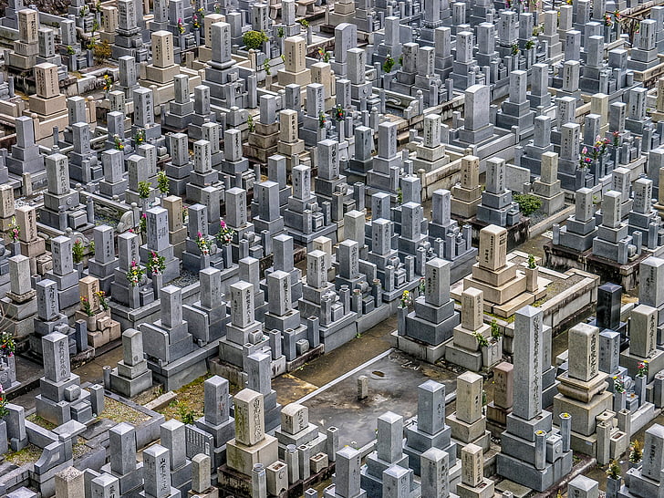 aéreo, Fotografía, Cementerio, edificio, Japón, complejidad, marco completo