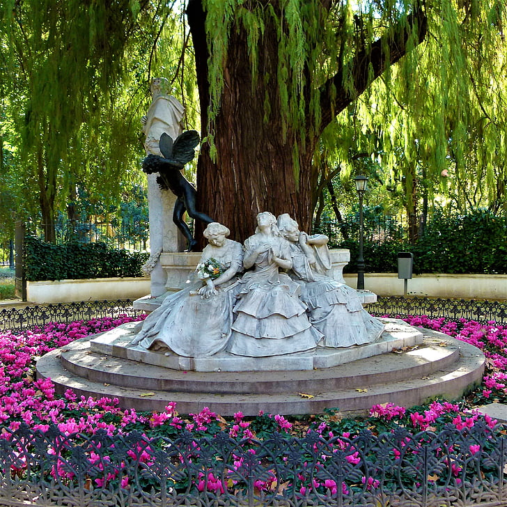 Sevilla, emlékmű, körforgalom, Park, költészet, szökőkút, szobor