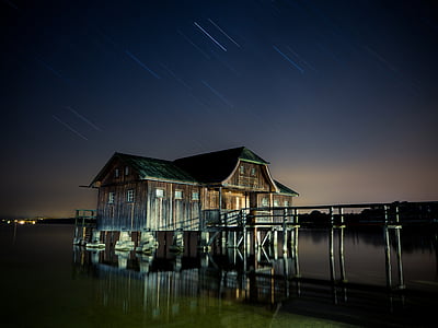 hut, lake, star, milky way, ammersee, night, galaxy