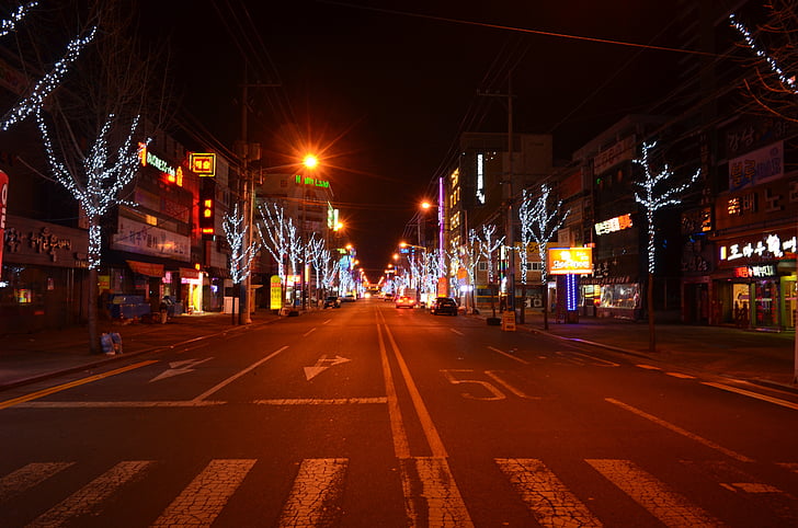 Нічний краєвид, Нічне життя, ніч Кореї, дорога, нічний погляд