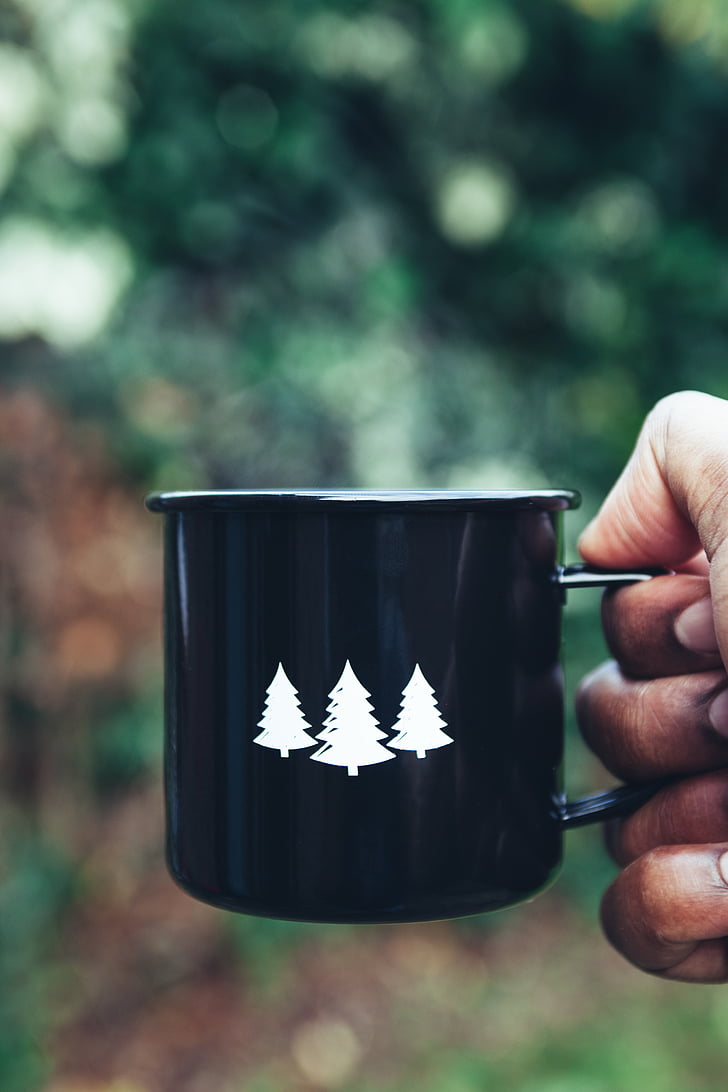 person, holding, black, pine, tree, print, mug