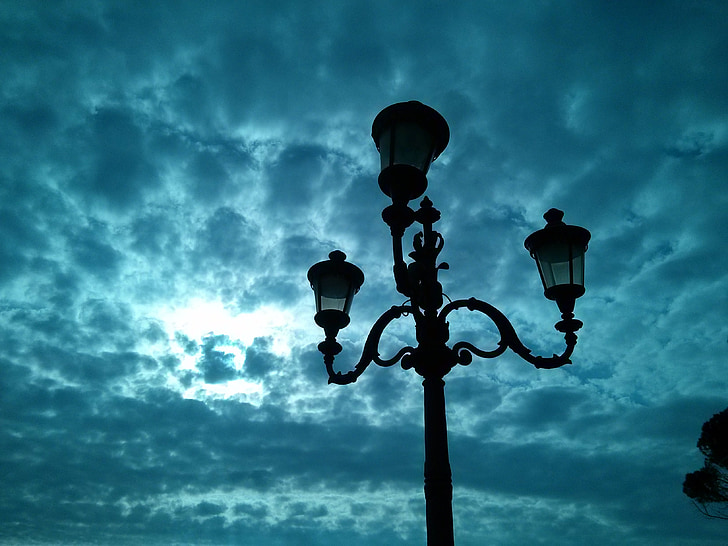 hemel, lantaarn, straat lamp, perspectief, blauw, wolken, het platform