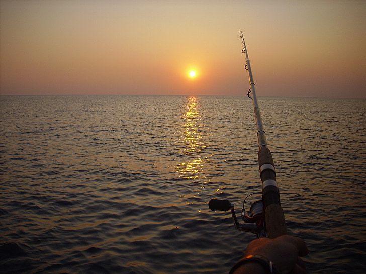pesca, canya de pescar, posta de sol, oceà, Mar, Llac, l'aire lliure