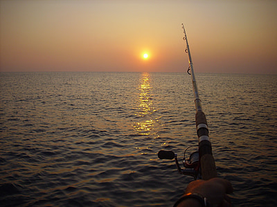 pesca, canya de pescar, posta de sol, oceà, Mar, Llac, l'aire lliure