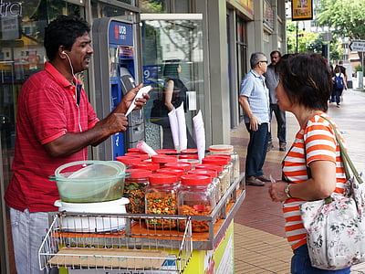säljaren, att köpa, Singapore, kacang puteh, indiska, nötter, ärtor