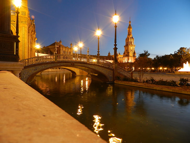 Plaza espana, Sevilla, fények, éjszaka, építészet, híres hely, világító