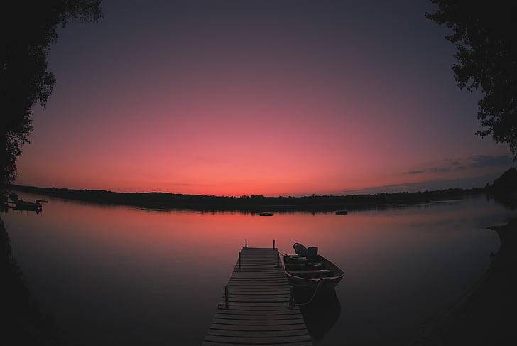 brown, wooden, dock, boat, golden, hour, sunset