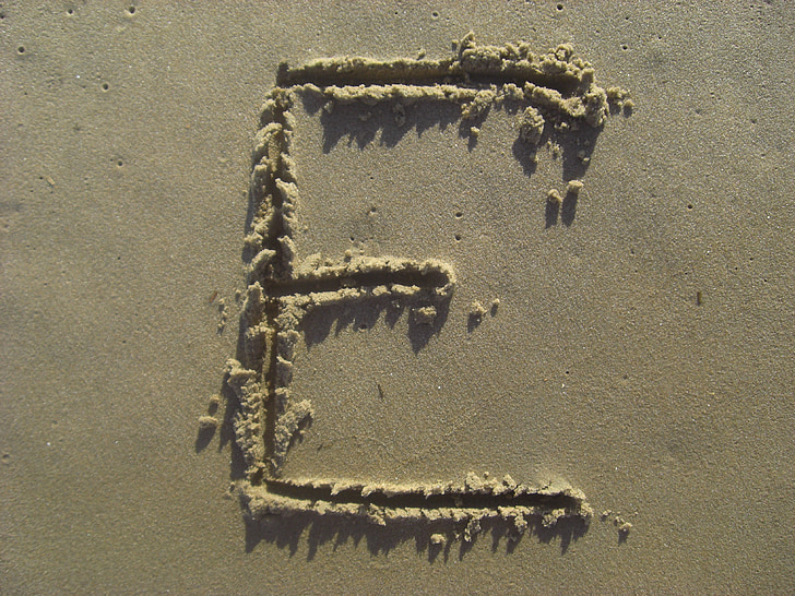 bokstaven e, sand, Stick, stranden, alfabetet