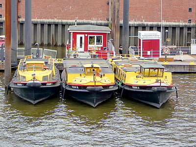 kapal, kuning, kembar tiga, air, boot, Port, tempat berlabuh