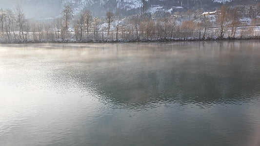 river, drau, fog, winter, mirroring, snow, mood