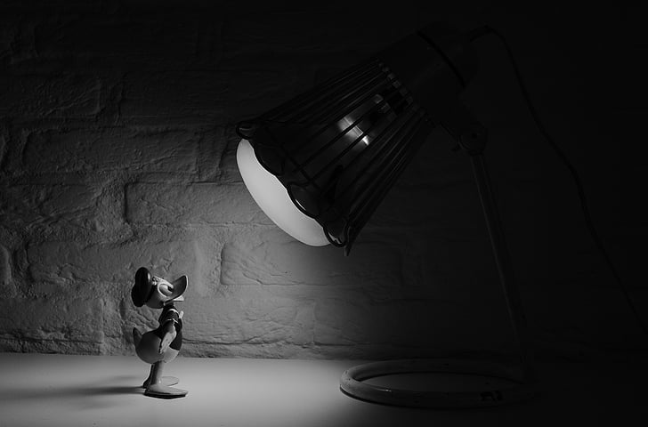 black-and-white, cartoon, donald duck, spotlight, walt disney, electric Lamp, indoors