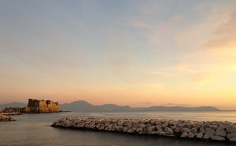 Nápoles, Itália, mar, oceano, água, montanhas, Castelo