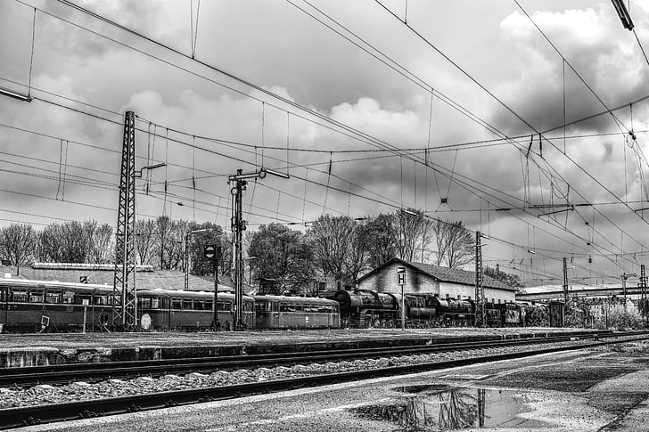 dramatiska, Blackjack, nostalgisk, tåg, järnvägsstation, svart vit, järnväg