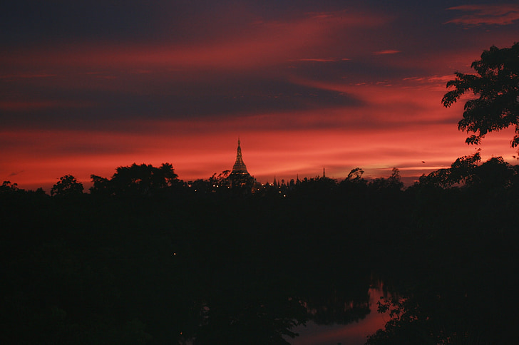 Západ slunce, Myanmar, Yangon, Barma, Buddhismus, Pagoda, Rangún