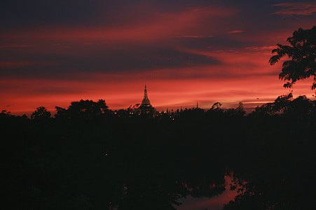 puesta de sol, Myanmar, Rangún, Birmania, budismo, Pagoda de, Rangún